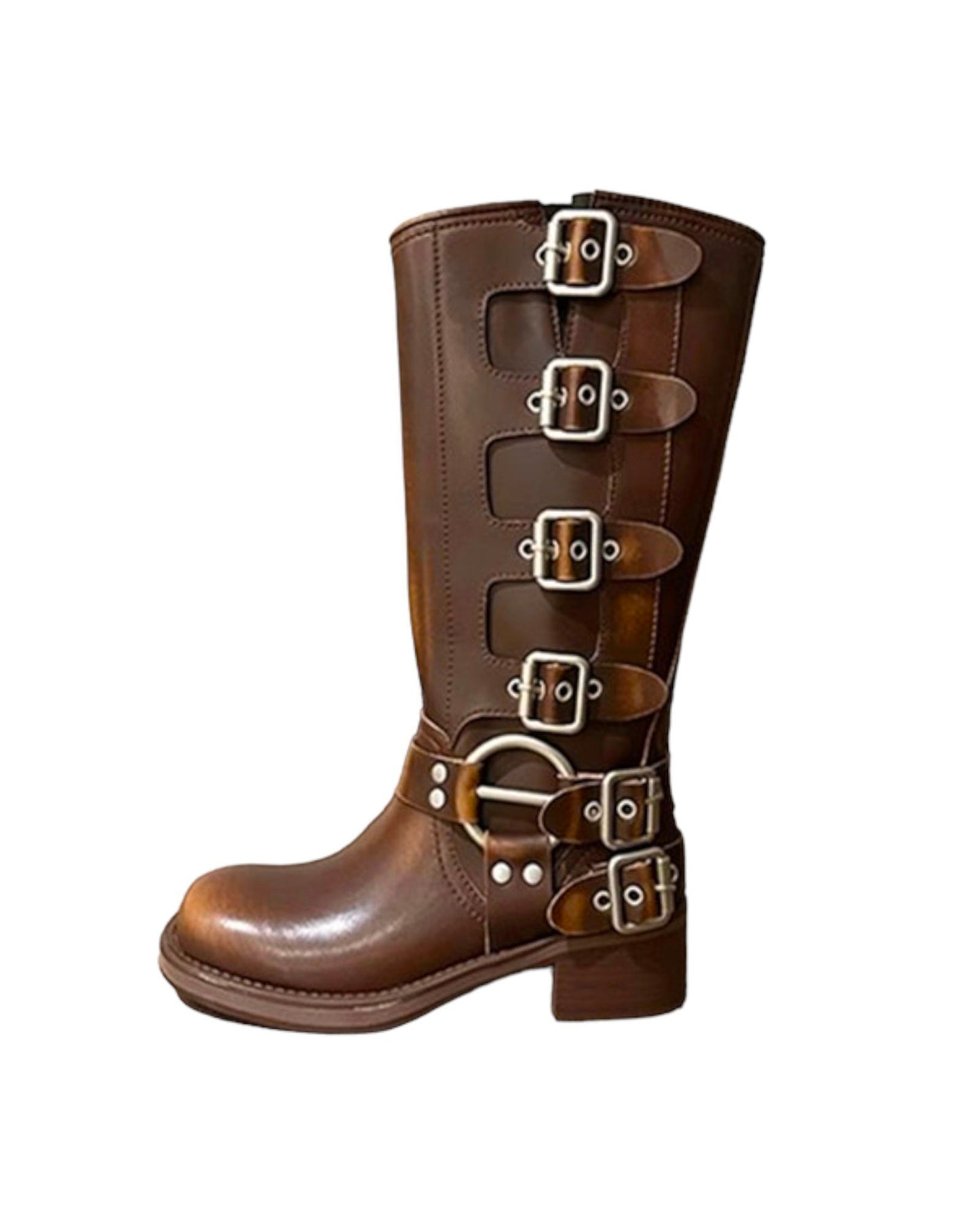 brown leather buckles knee length biker boots - 37