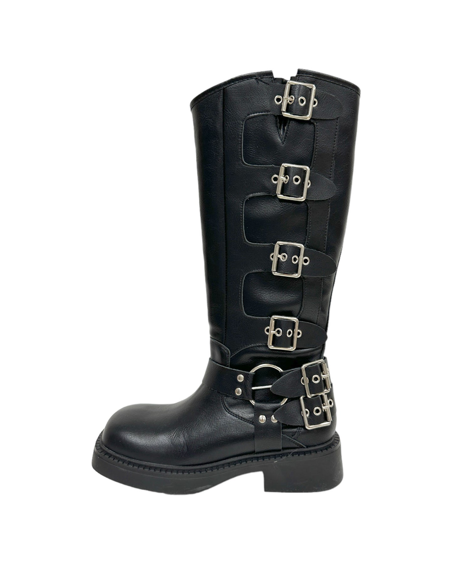 black leather buckles knee length biker boots - 35,37,39