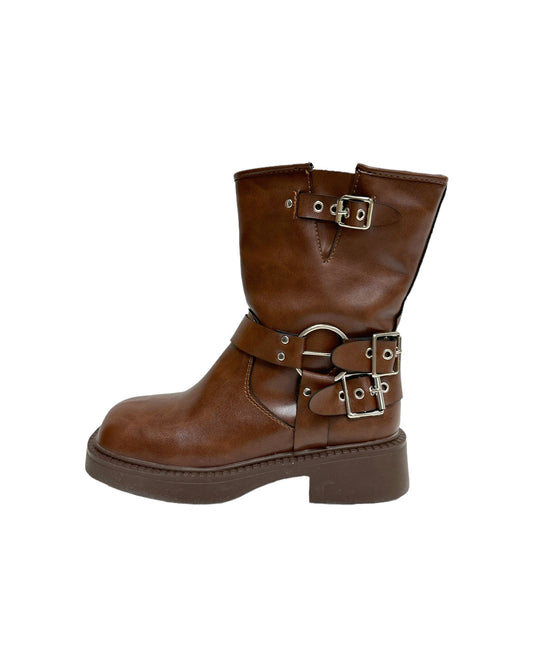 brown leather buckles biker boots - 37