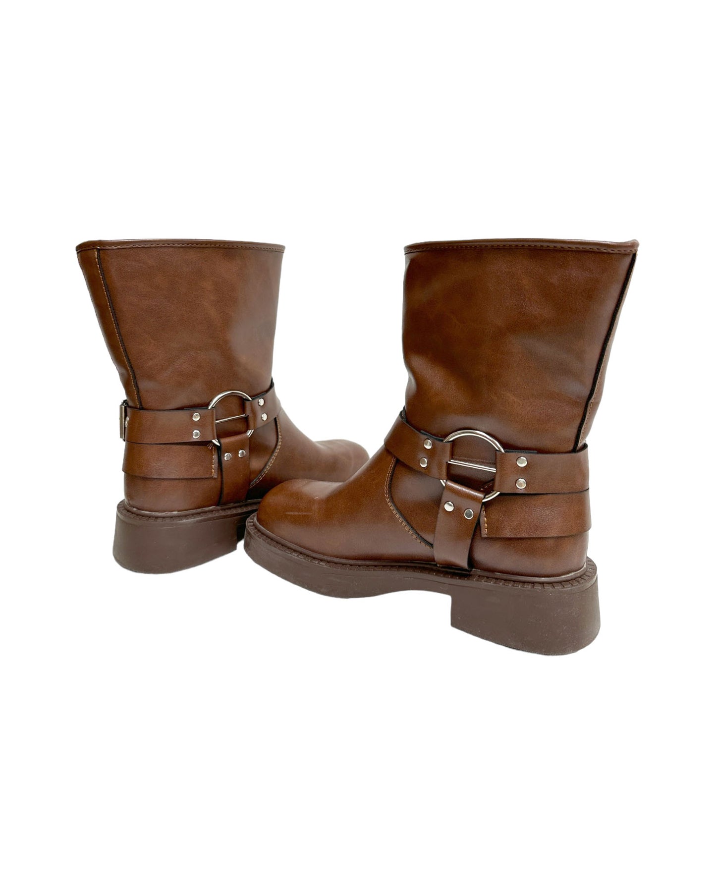 brown leather buckles biker boots - 37