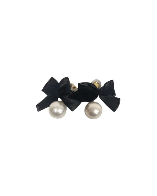 黑色織物蝴蝶結珍珠耳環