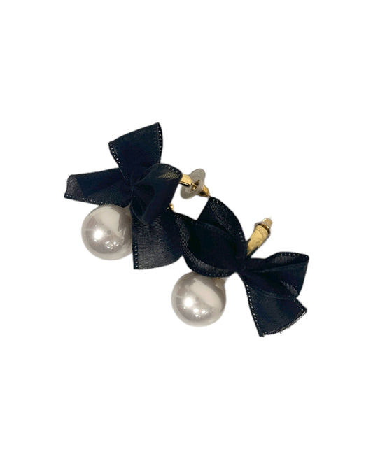 black fabric bows pearl earrings