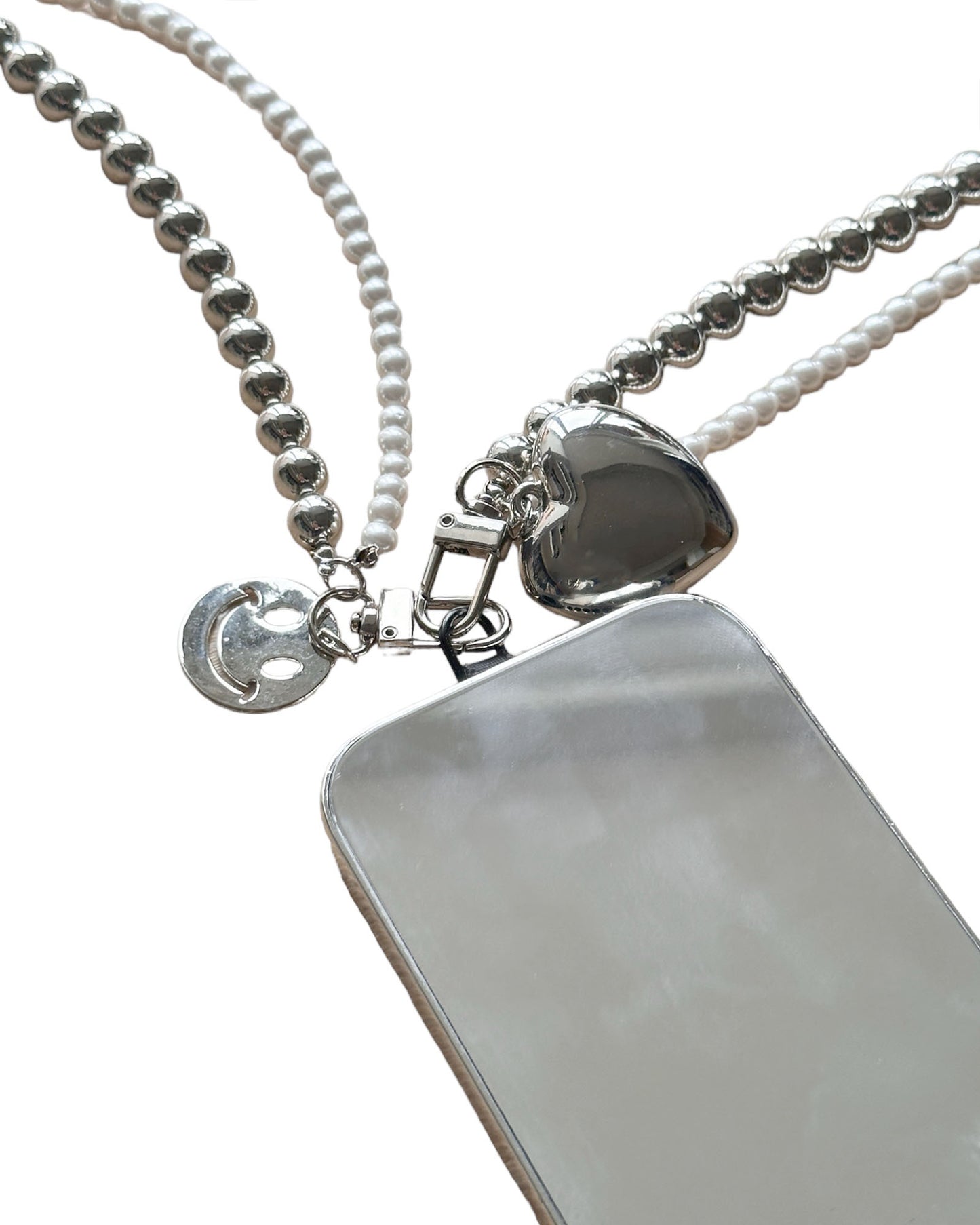 pearls & silver balls w/ hearts & smile pendants phone chain