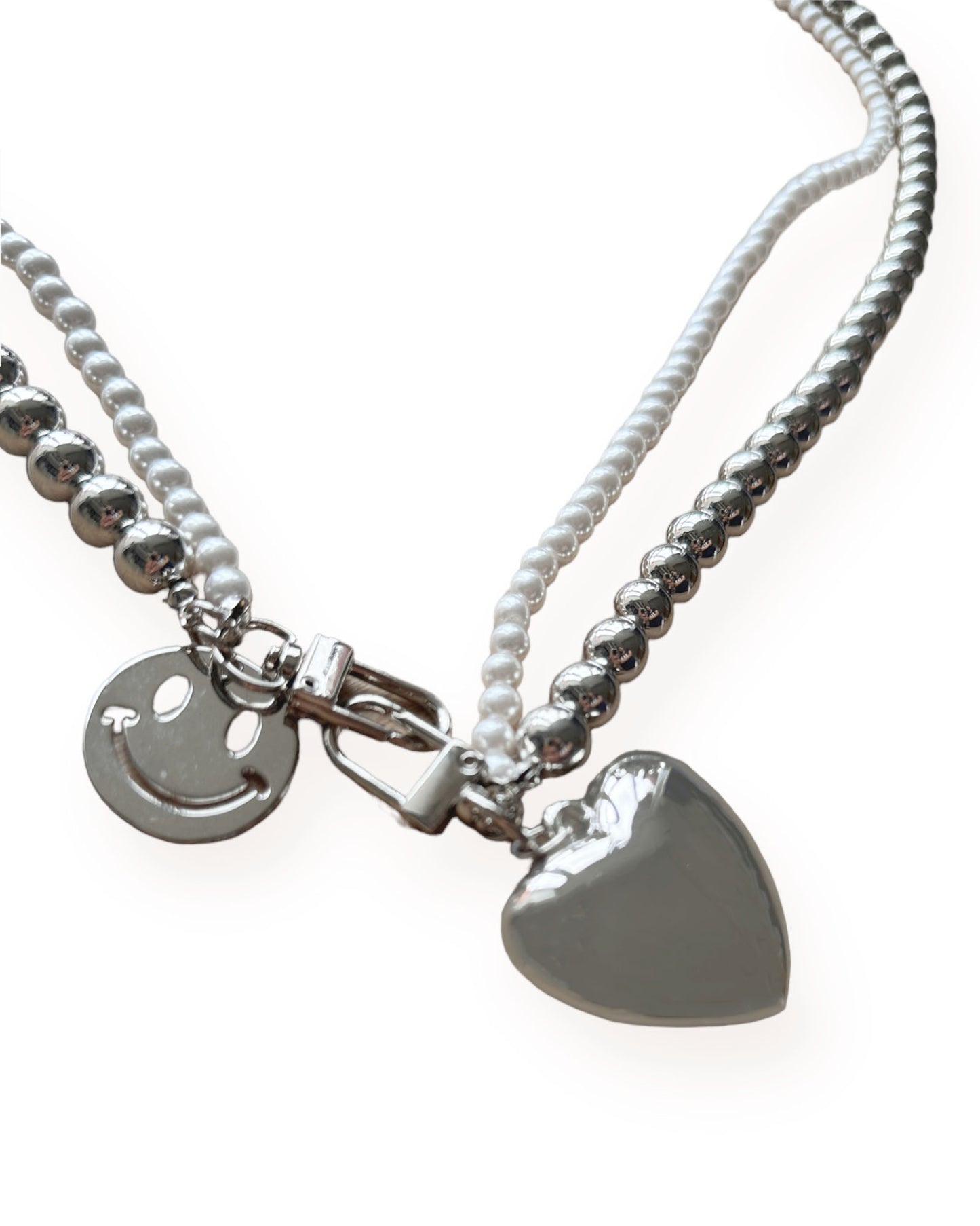 pearls & silver balls w/ hearts & smile pendants phone chain