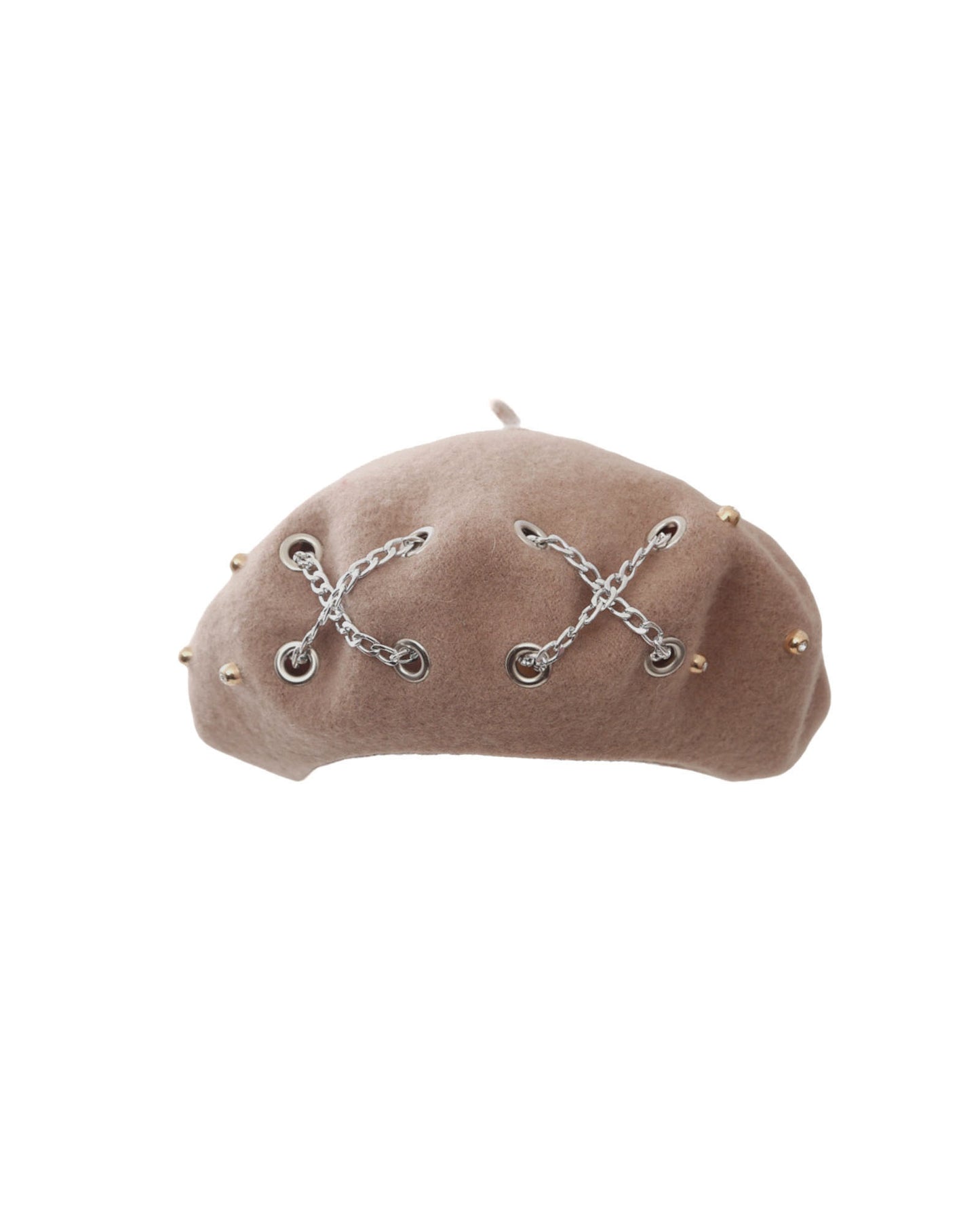 beige chain & studs wool blended beret