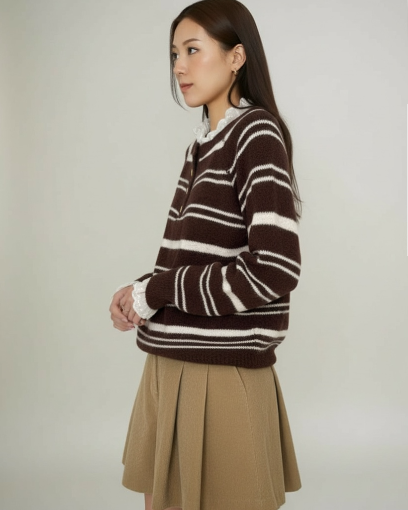 brown & ivory stripes w/ crochet collar knitted top *pre-order*