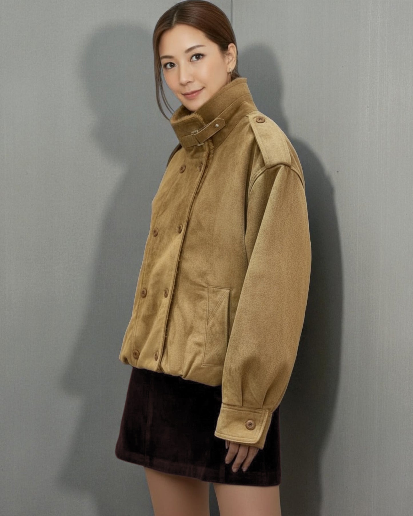 beige faux suede fur inner bomber jacket *pre-order*