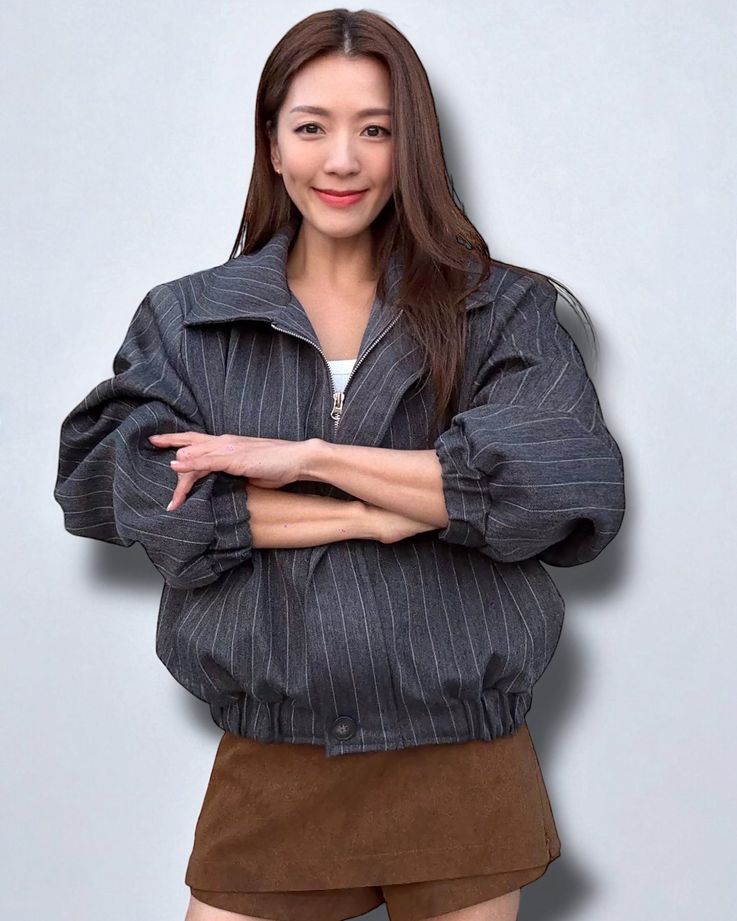 dark grey stripes shoulder pads bomber jacket