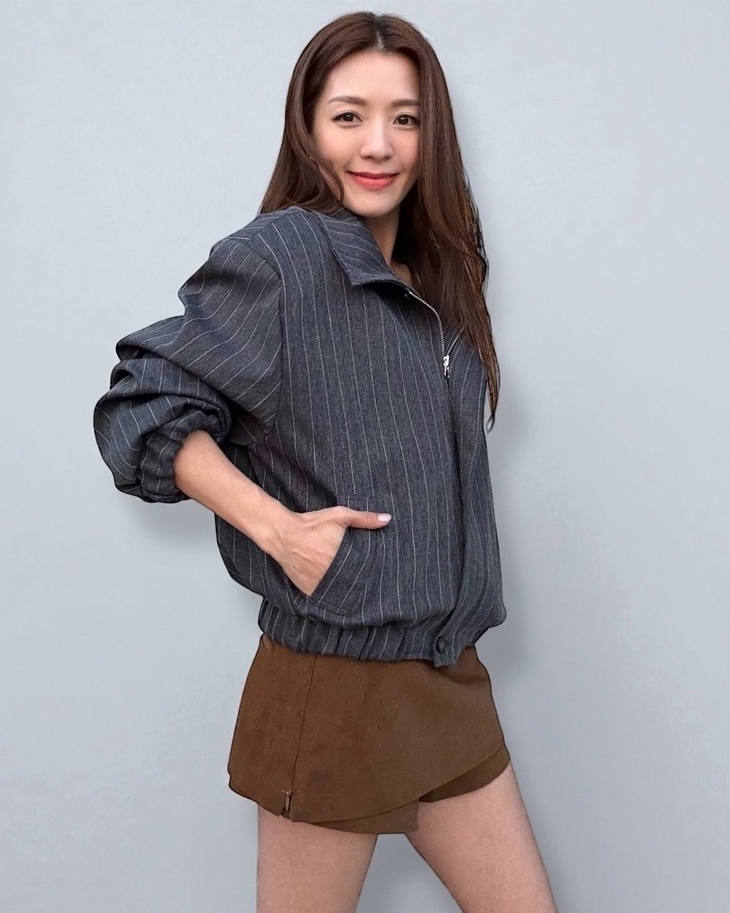 dark grey stripes shoulder pads bomber jacket