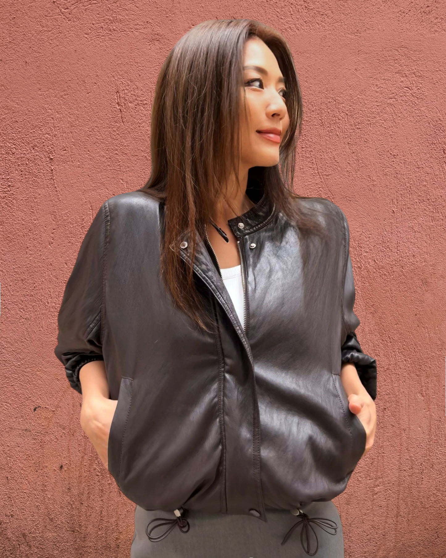 dark brown PU leather fleece bomber jacket *pre-order*