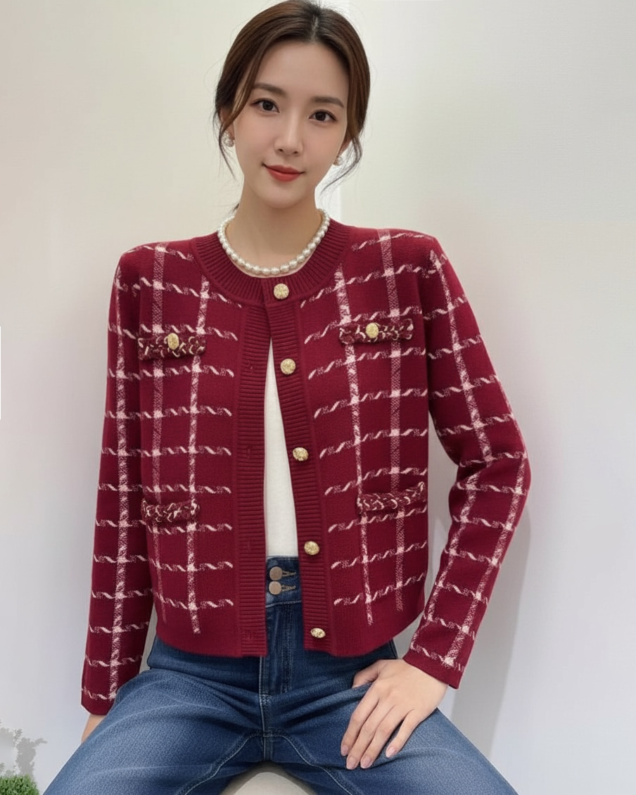 red w/ ivory checkers & chain pockets knitted cardigan *pre-order*