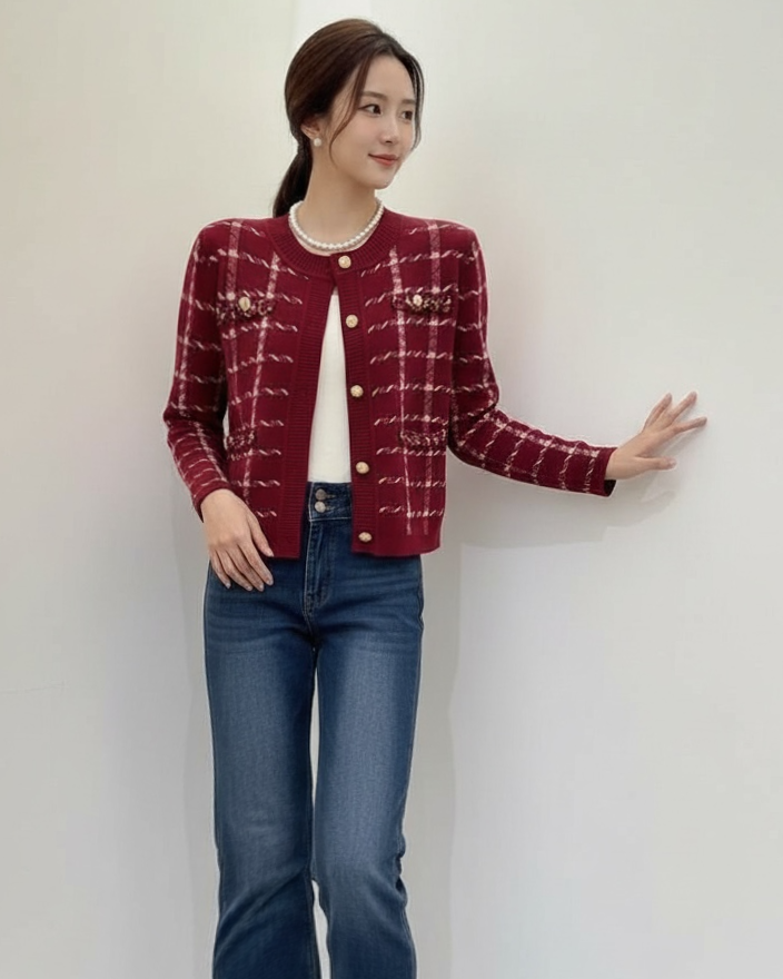 red w/ ivory checkers & chain pockets knitted cardigan *pre-order*