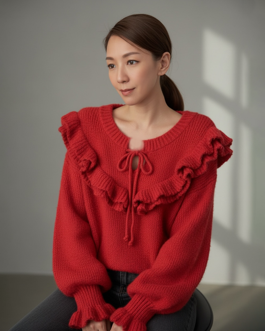 red ruffles front knitted top *pre-order*