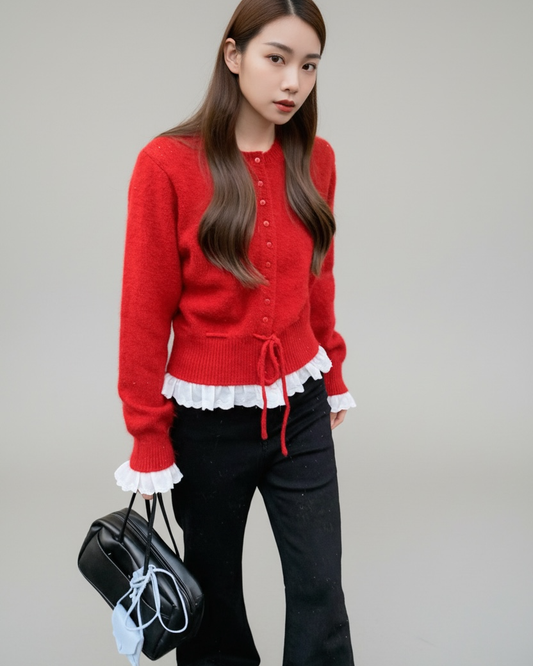 red w/ ivory ruffles crochet hem knitted top *pre-order*