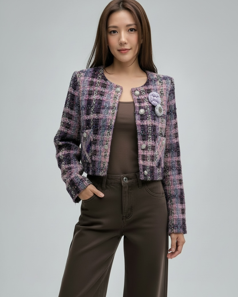 purple tweed w/ flowers brooch jacket