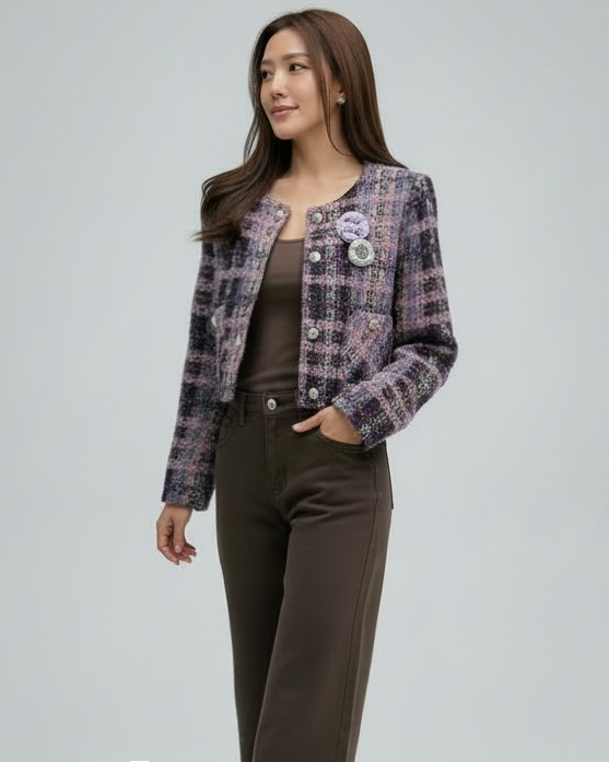 purple tweed w/ flowers brooch jacket