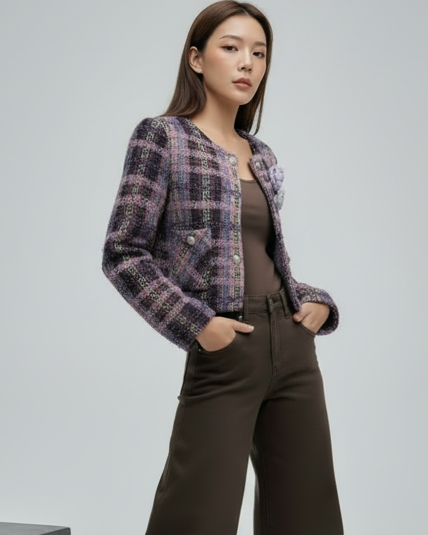 purple tweed w/ flowers brooch jacket