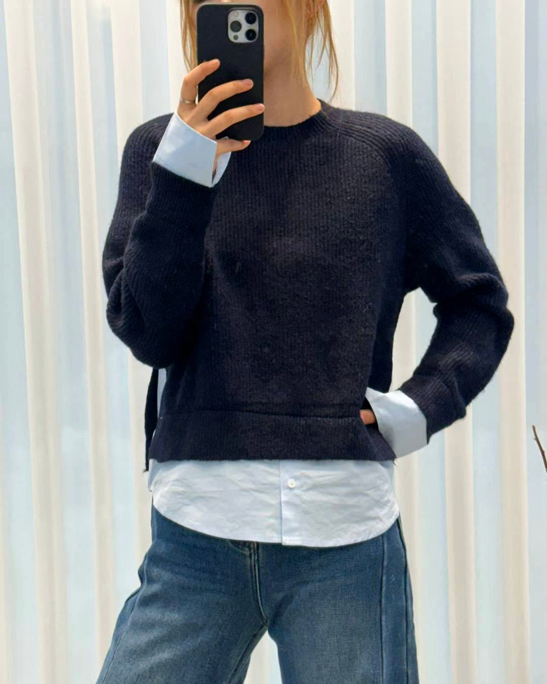 navy & blue shirt contrast knitted top *pre-order*