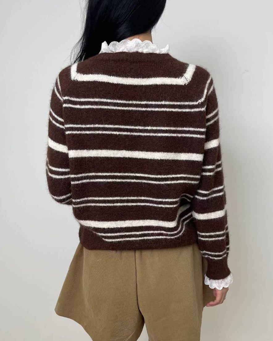 brown & ivory stripes w/ crochet collar knitted top *pre-order*