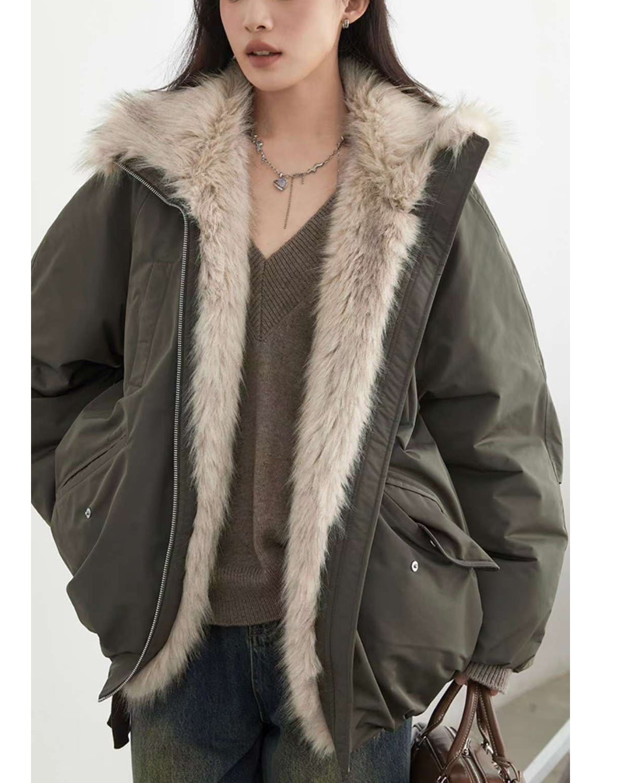 green w/ beige faux fur bomber jacket *pre-order*