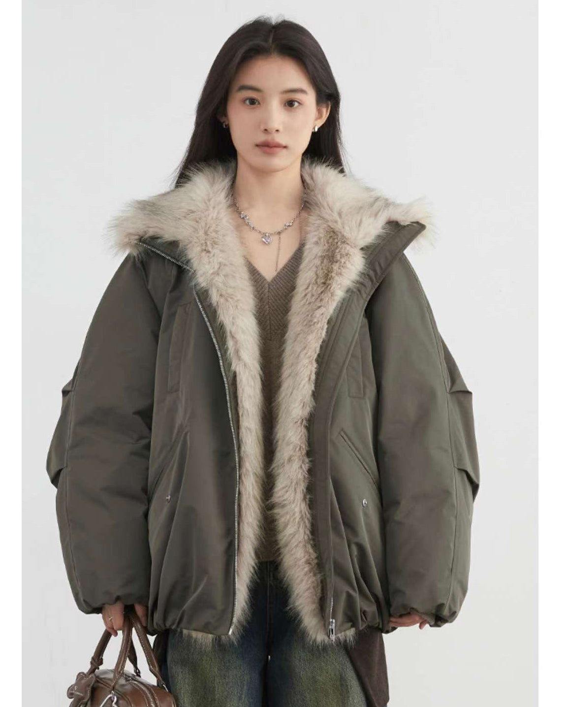 green w/ beige faux fur bomber jacket *pre-order*