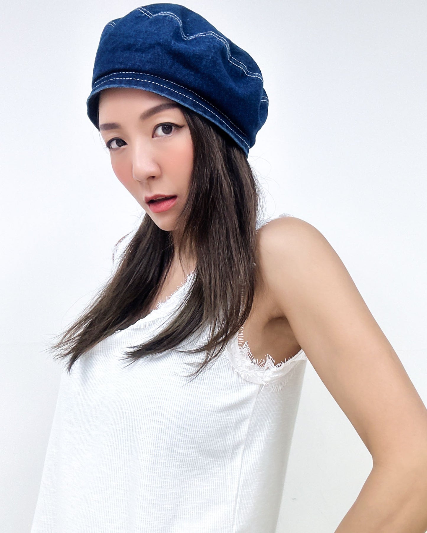 washed denim beret hat