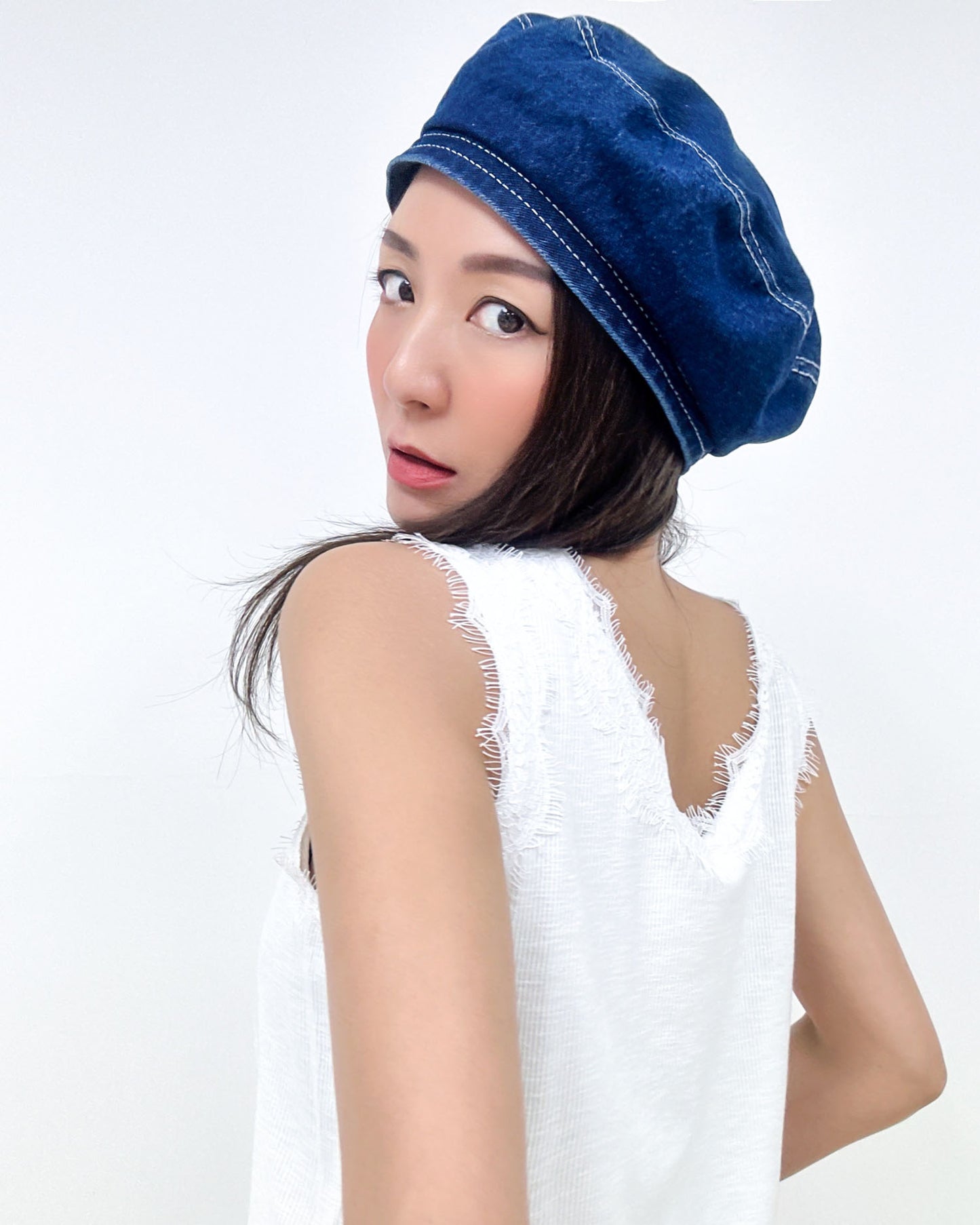 washed denim beret hat