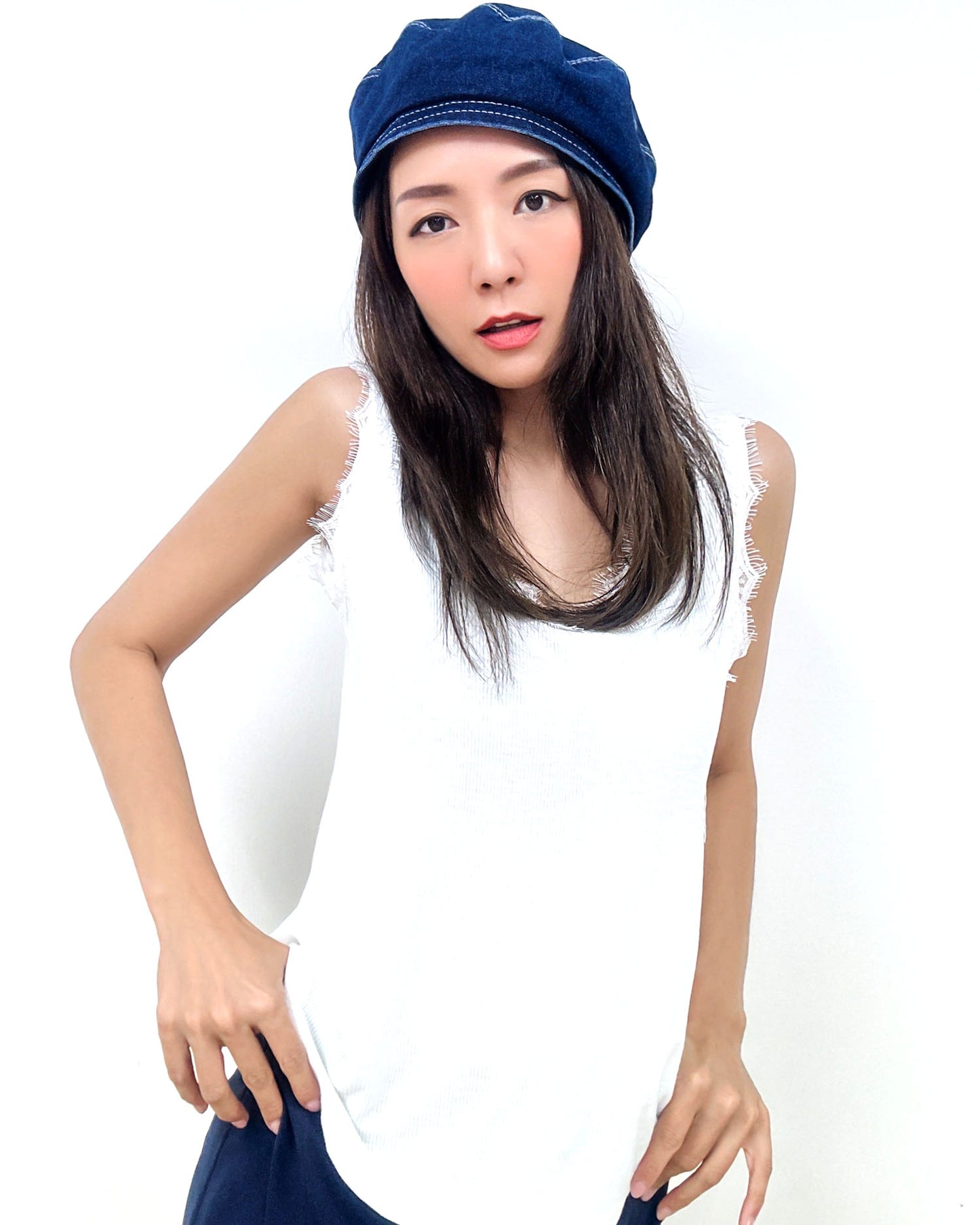 washed denim beret hat