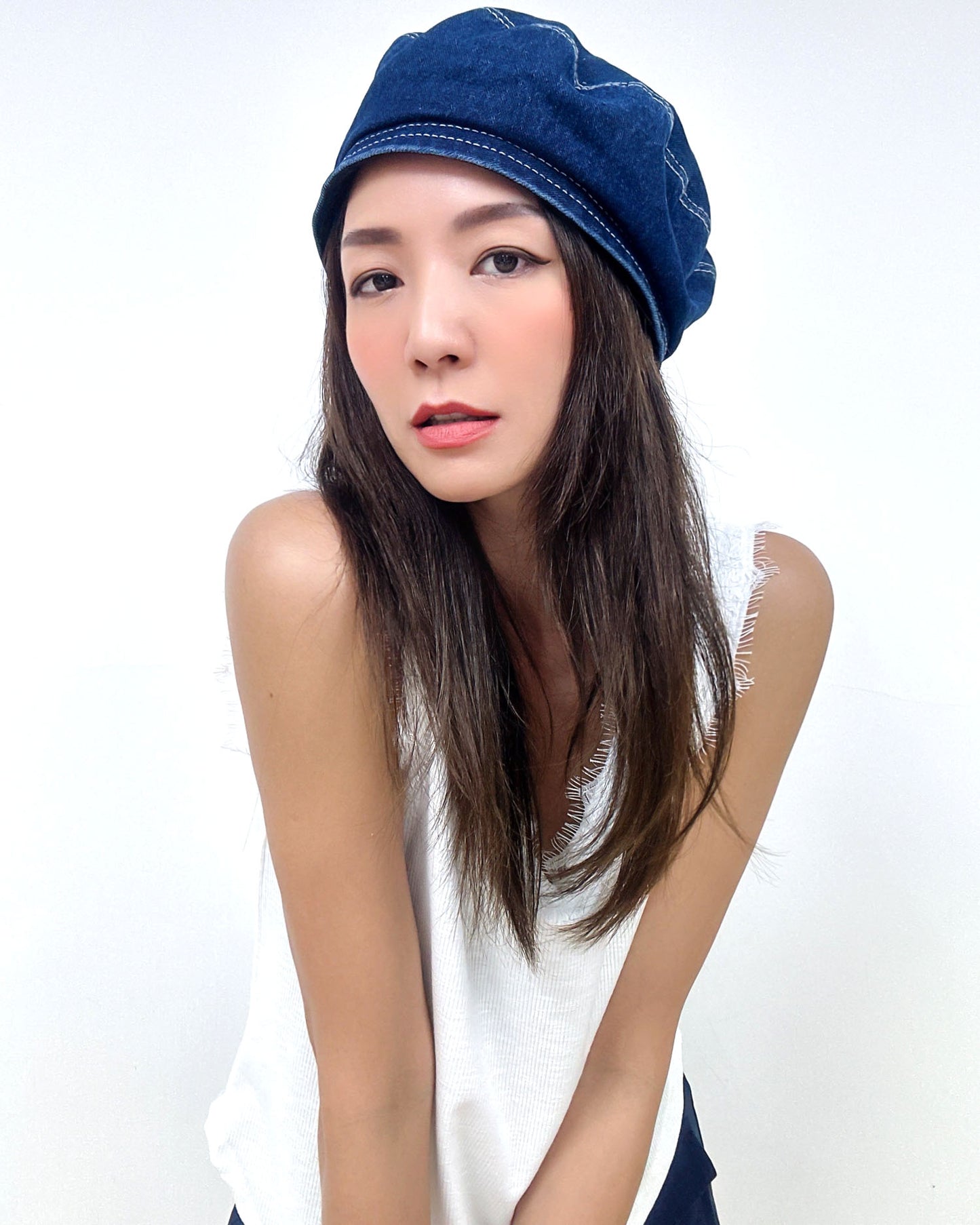 washed denim beret hat