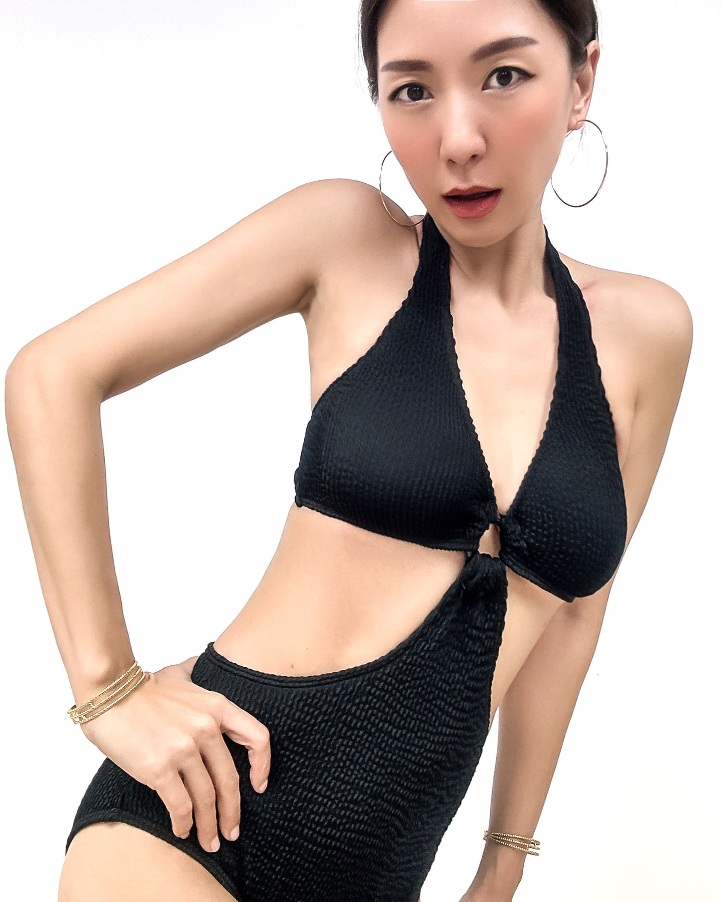 black plunge cutout texture one-piece swimwear *pre-order*