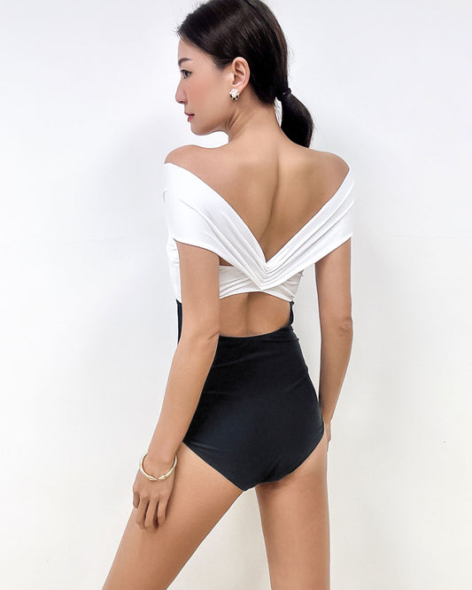 ivory & black off shoulders cutout ruched one-piece swimwear *pre-order*