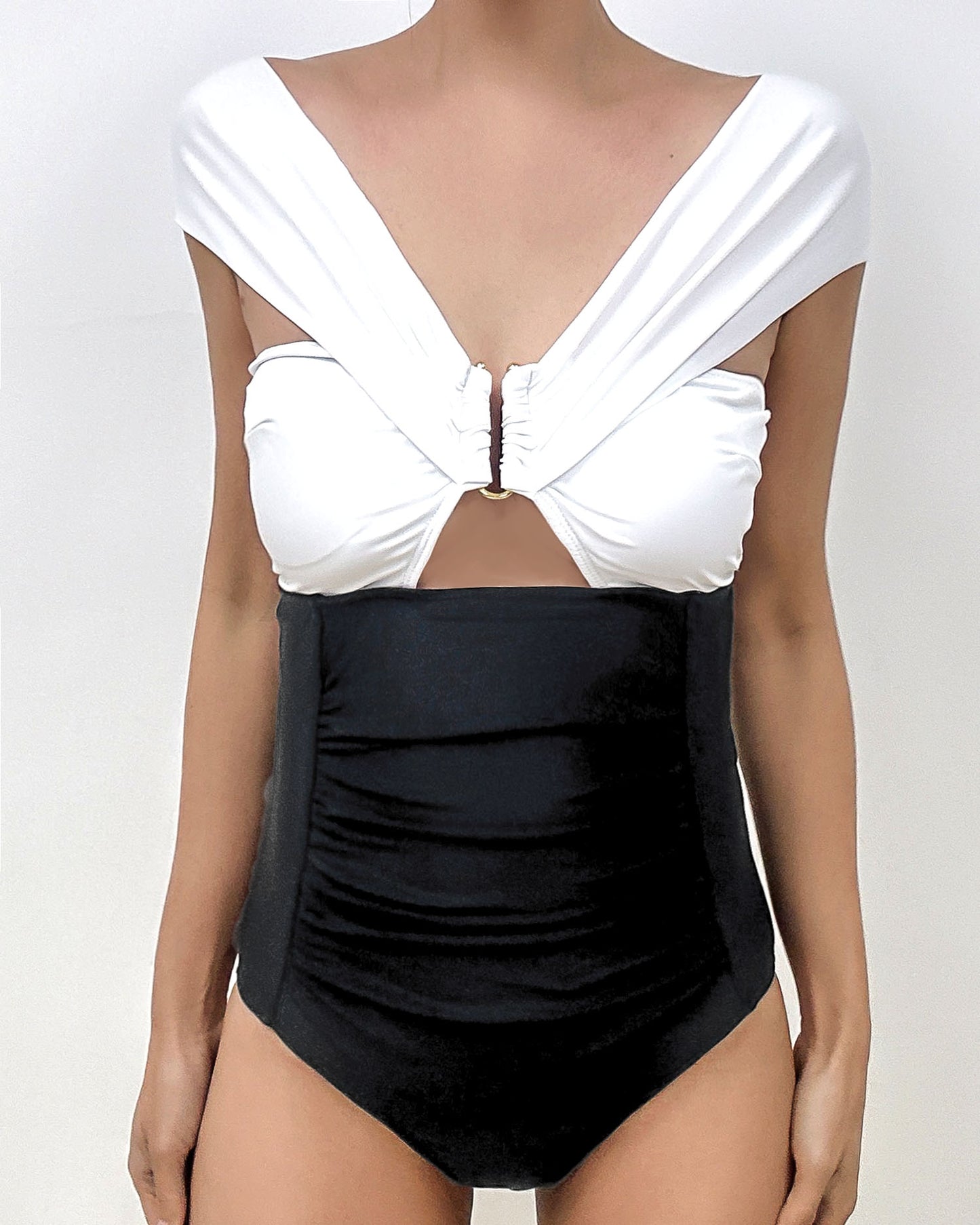 ivory & black off shoulders cutout ruched one-piece swimwear *pre-order*