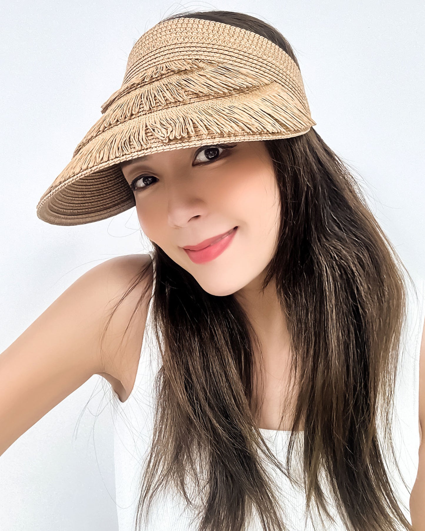 beige straw tassels visor hat