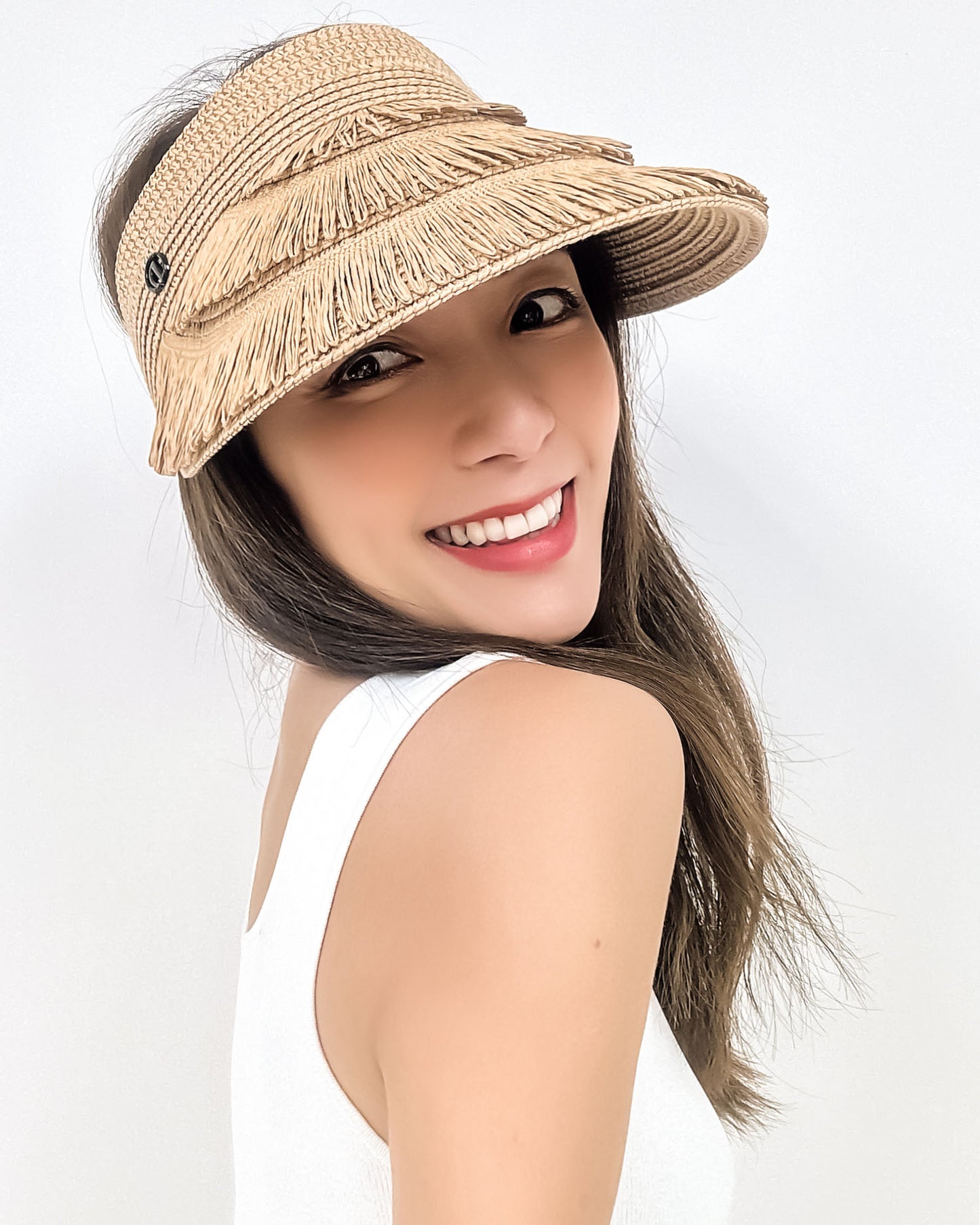 beige straw tassels visor hat