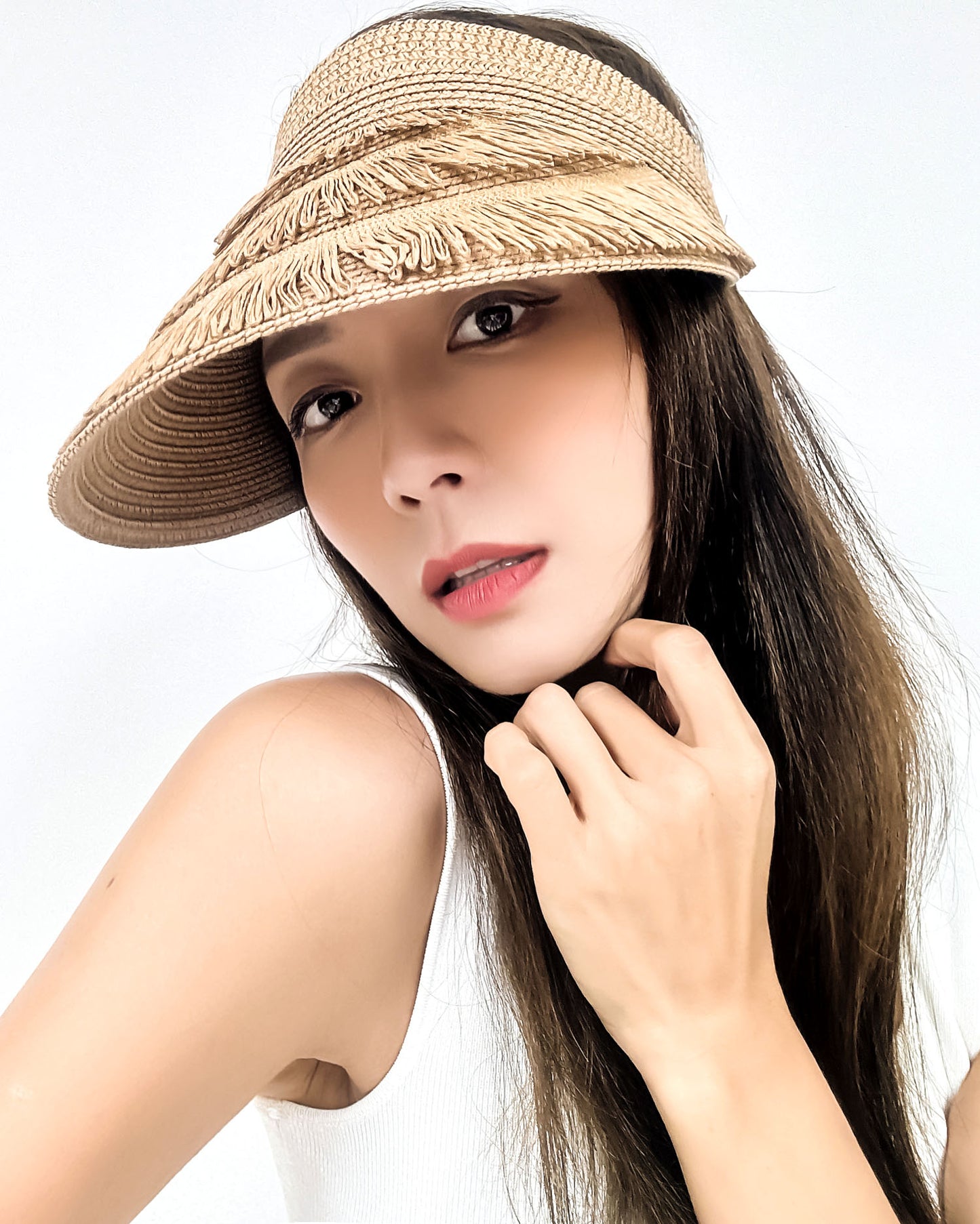 beige straw tassels visor hat