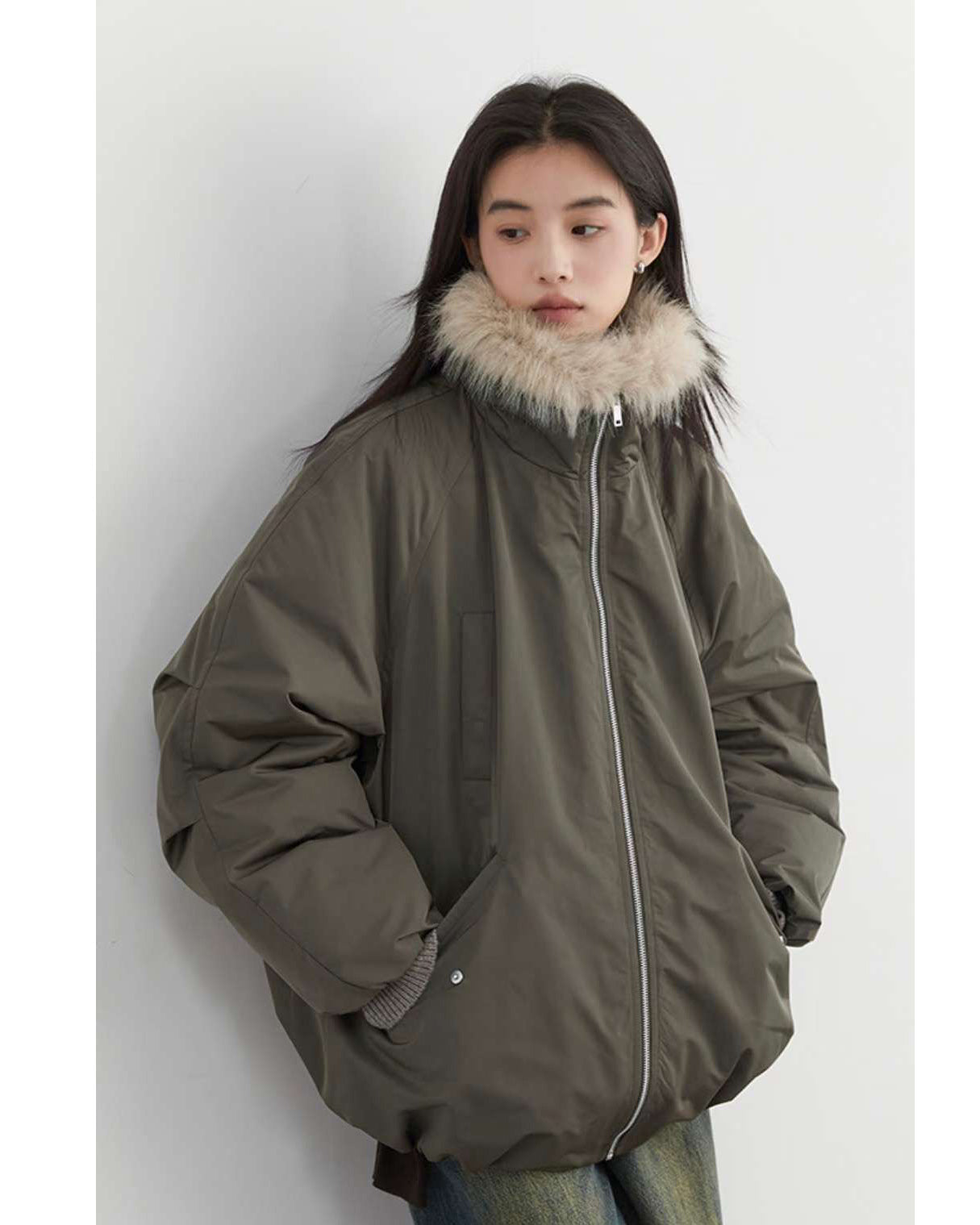 green w/ beige faux fur bomber jacket *pre-order*