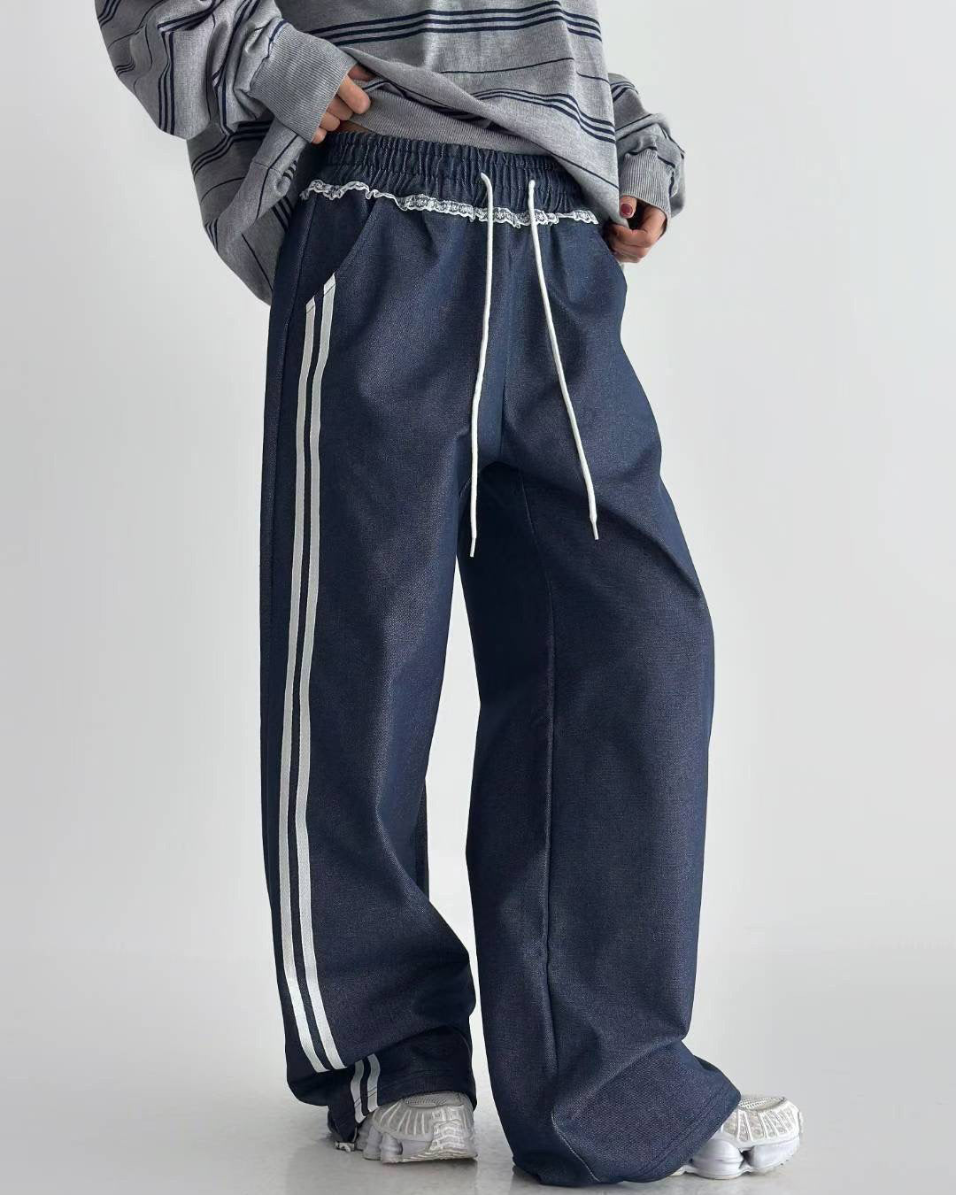 denim panel lace straight leg pants *pre-order*