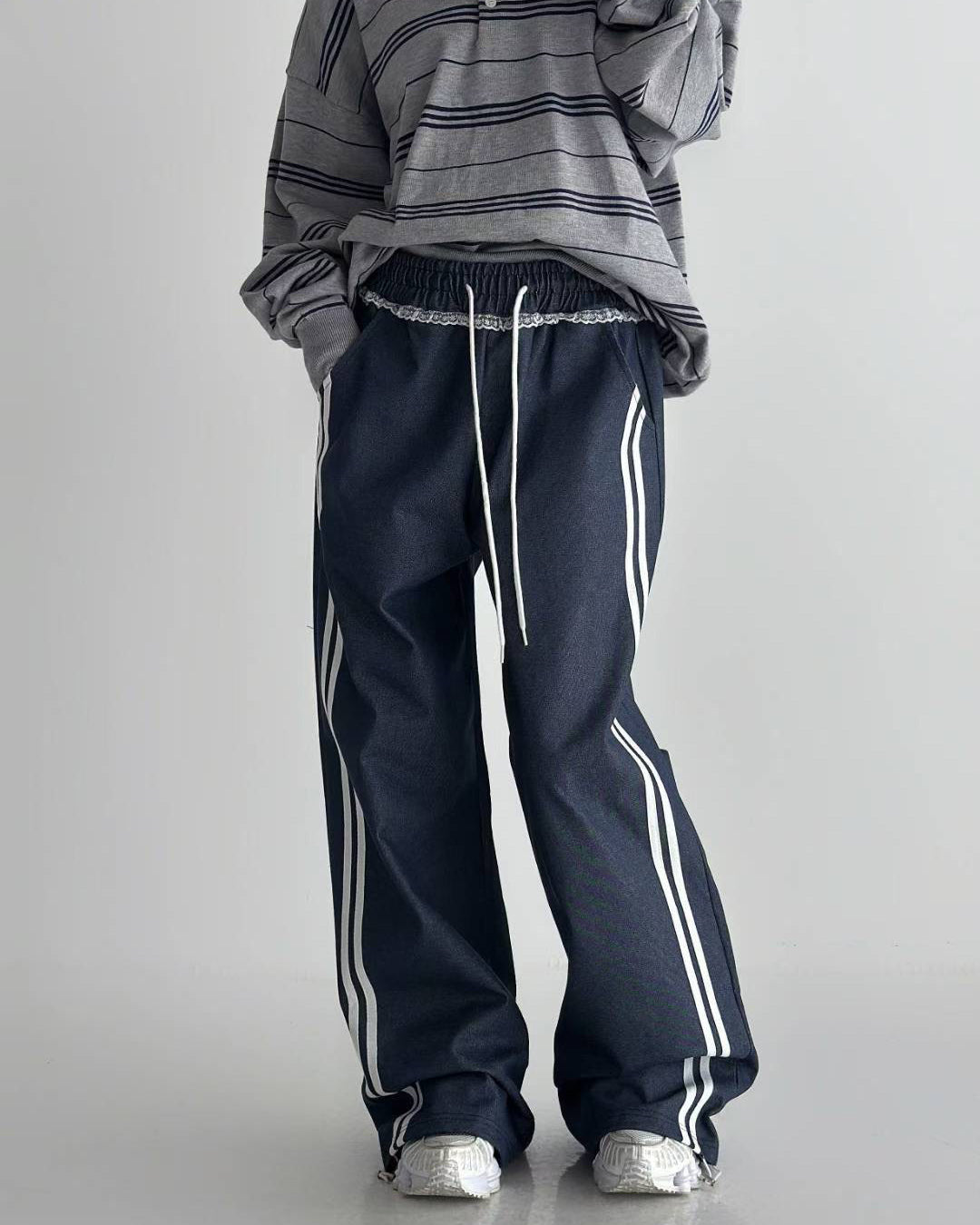 denim panel lace straight leg pants *pre-order*