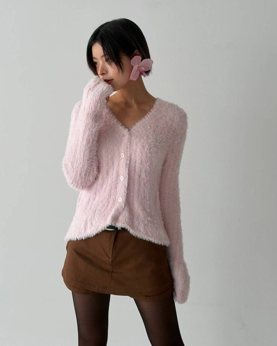 pink fluffy knitted cardigan *pre-order*
