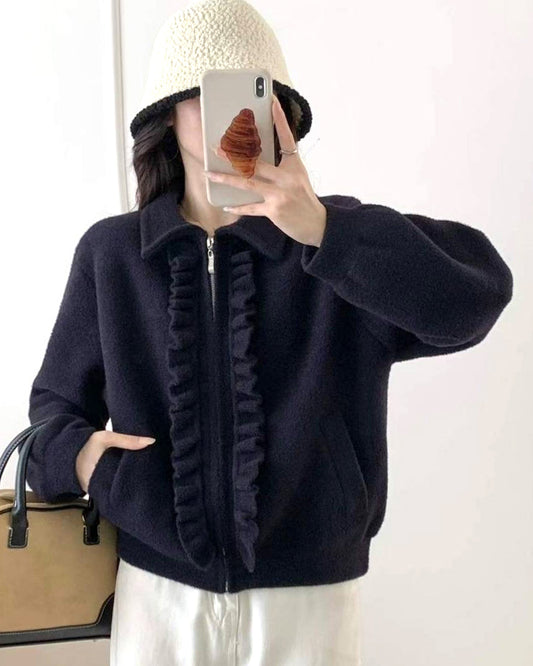 navy ruffles hem knitted cardigan *pre-order*