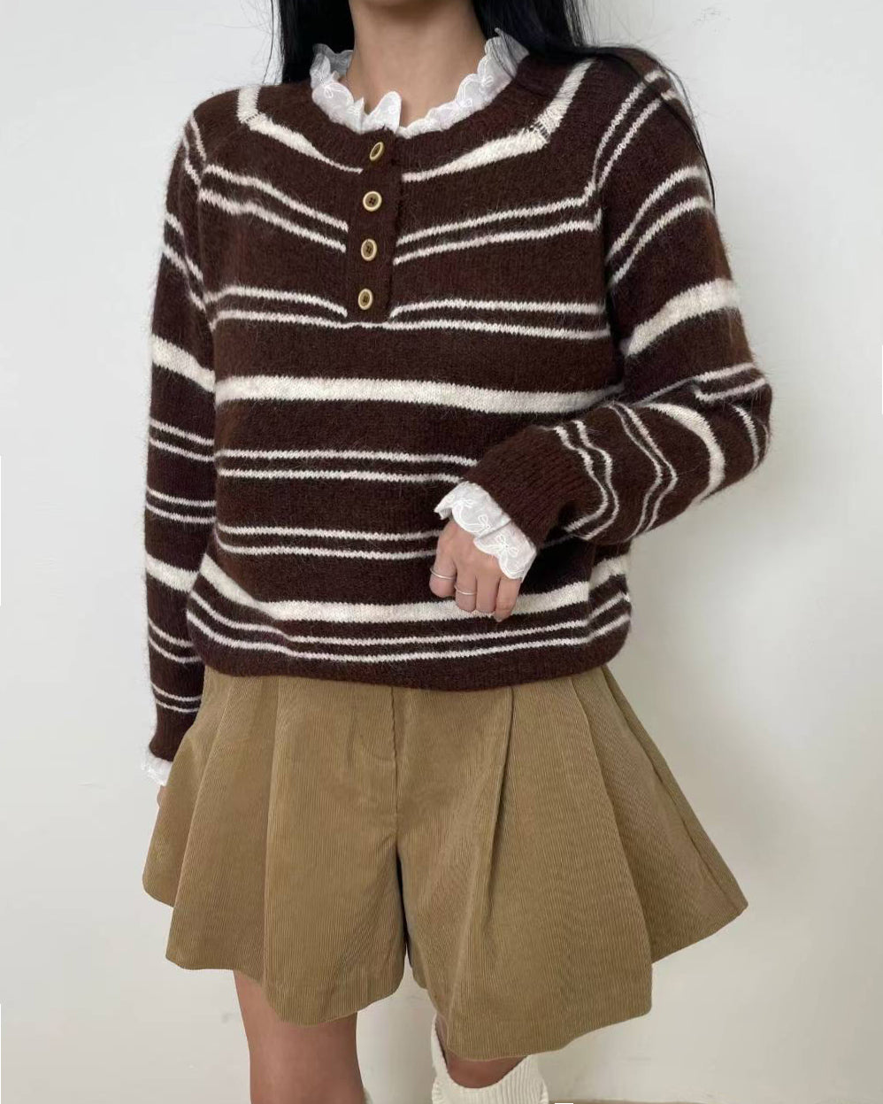 brown & ivory stripes w/ crochet collar knitted top *pre-order*