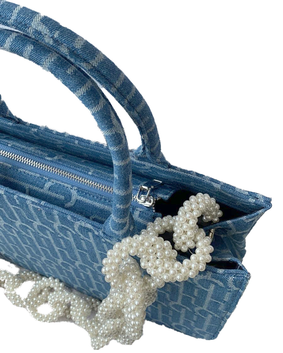 denim pattern medium tote bag with pearls chain *pre-order*