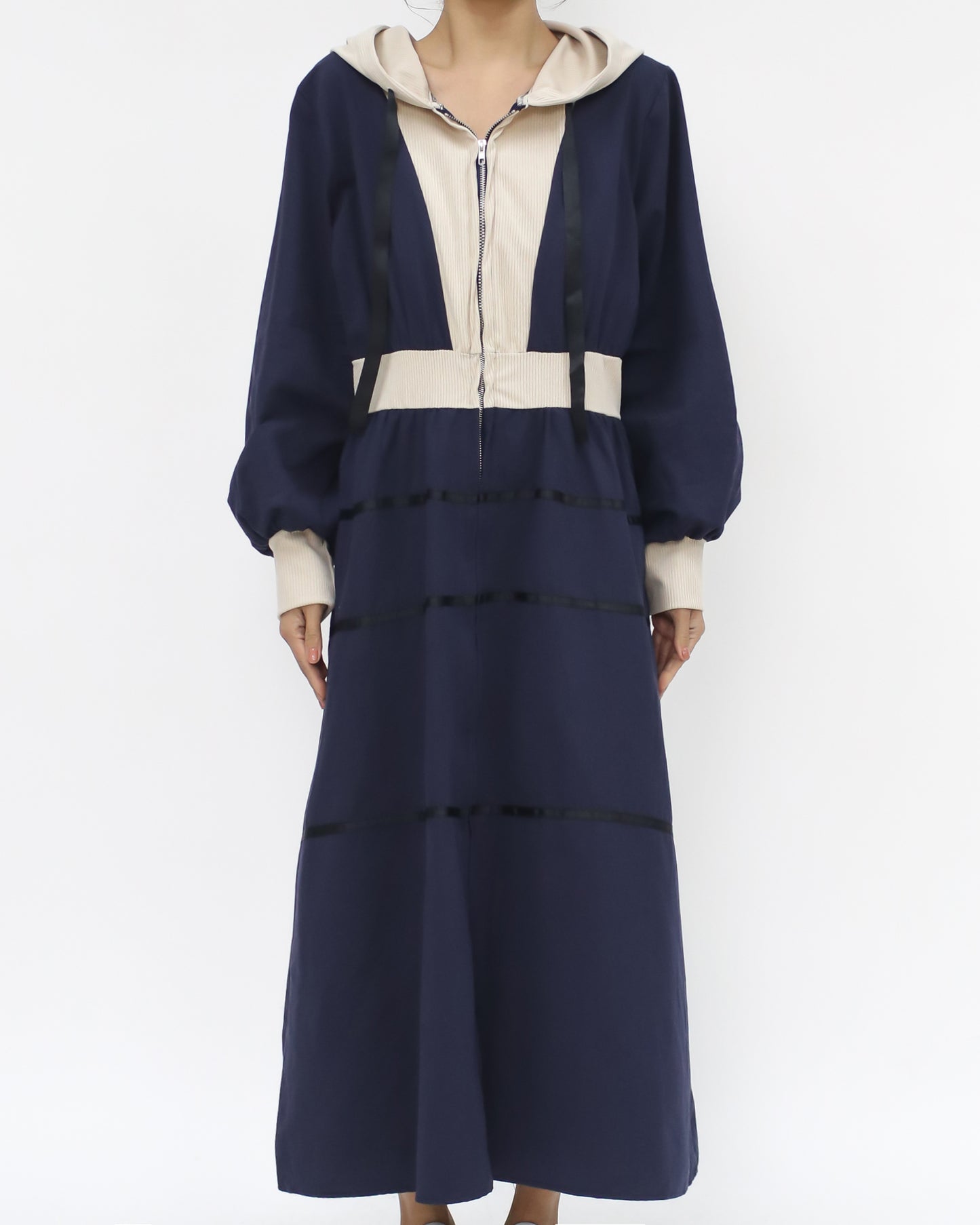 navy & beige cord hoodie dress *pre-order*