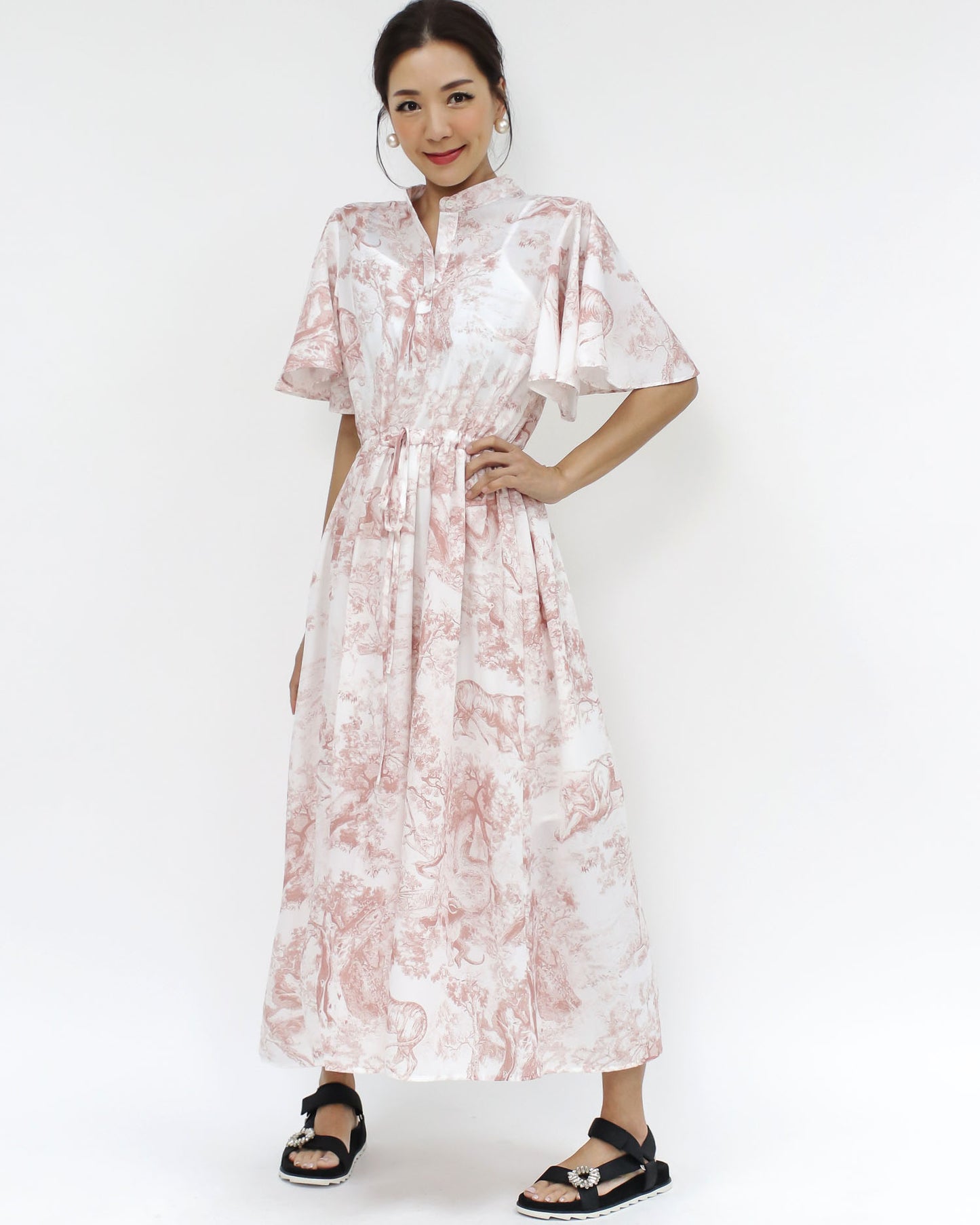 pink & ivory chiffon flare midi dress *pre-order*