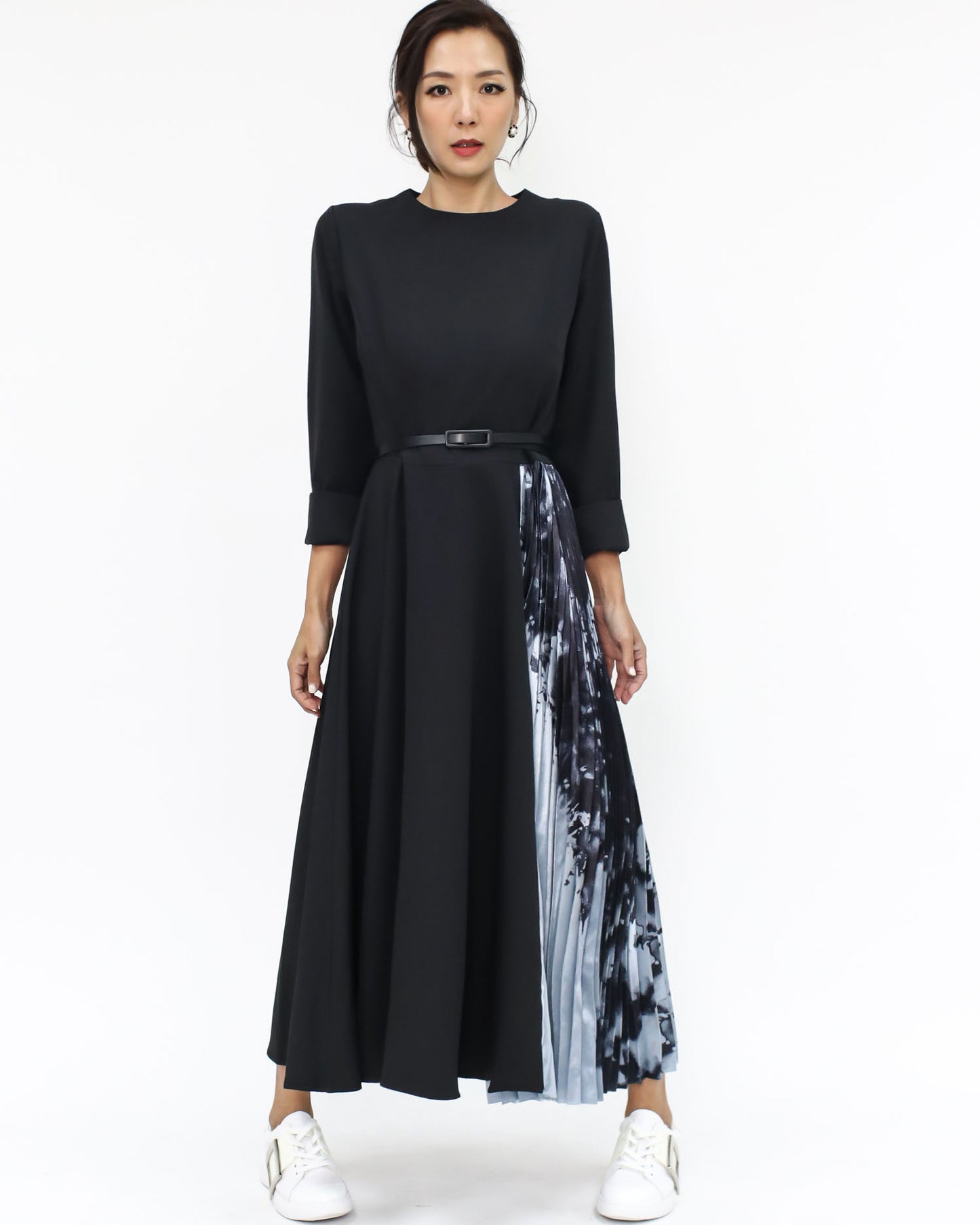 black crepe & blue printed satin pleats dress w/ belt