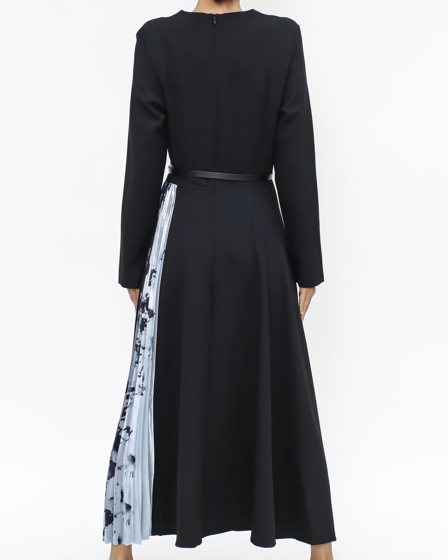 black crepe & blue printed satin pleats dress w/ belt *pre-order*