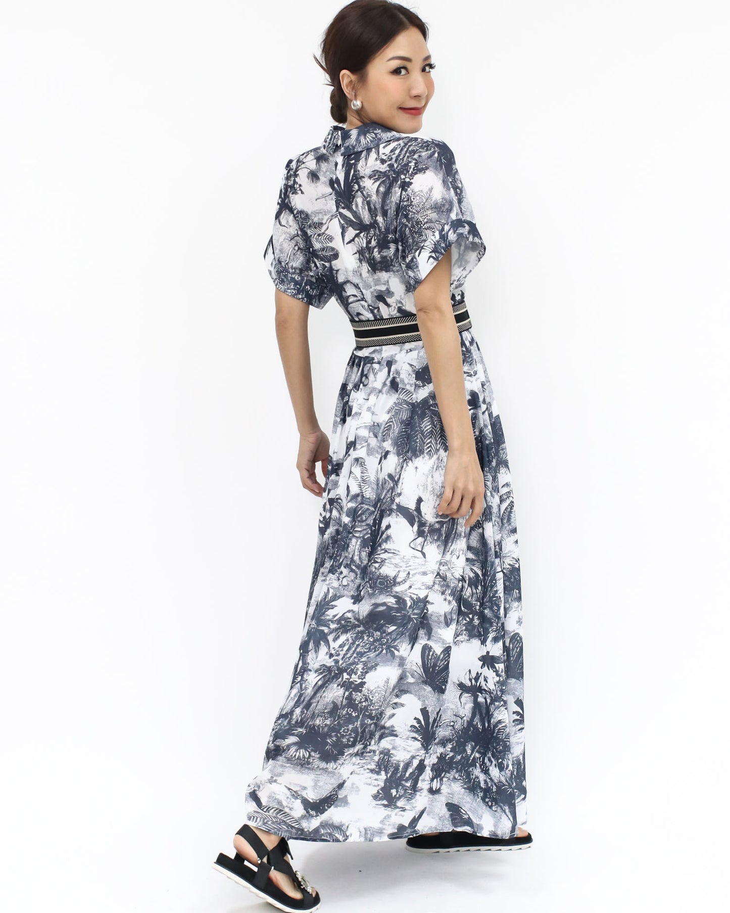 navy printed chiffon longline dress w/ belt *pre-order*