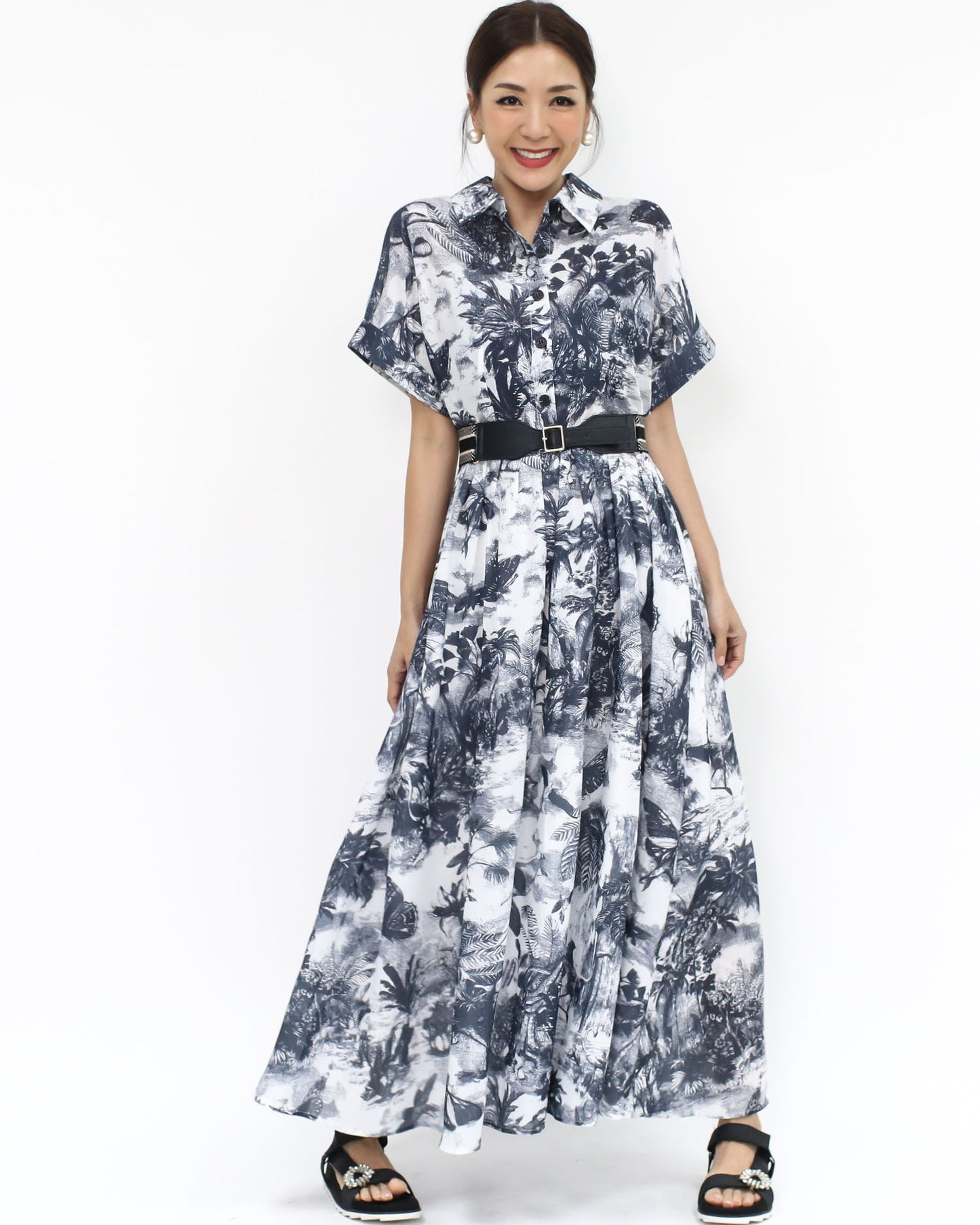 navy printed chiffon longline dress w/ belt *pre-order*