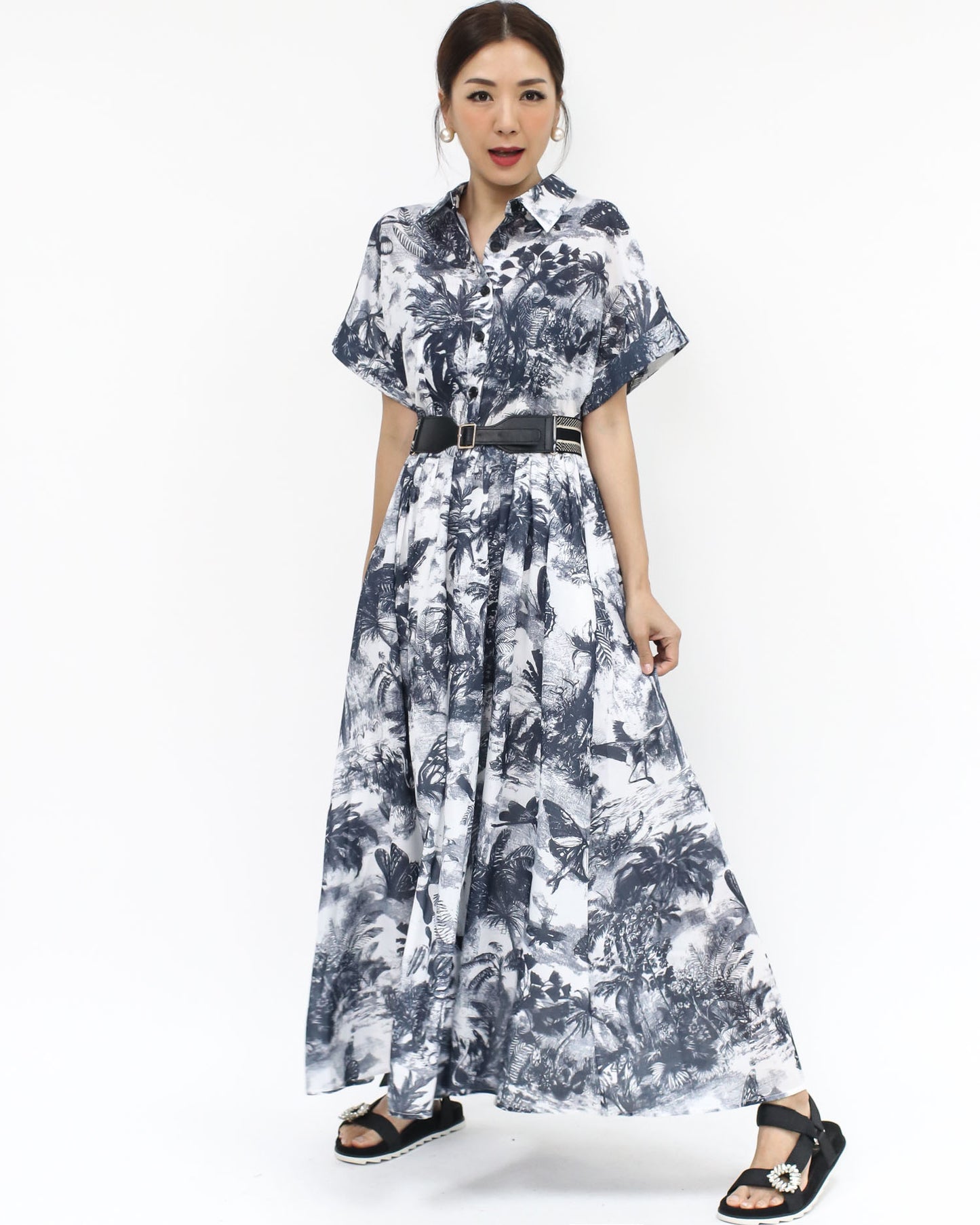 navy printed chiffon longline dress w/ belt *pre-order*