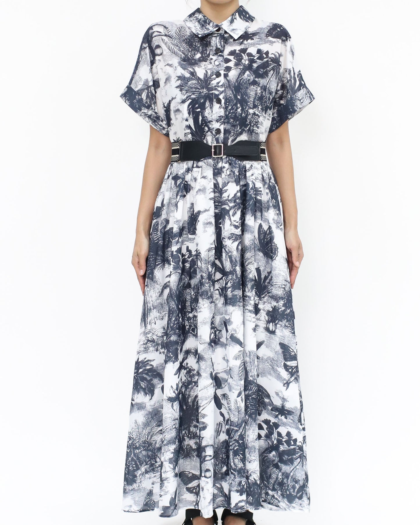 navy printed chiffon longline dress w/ belt *pre-order*